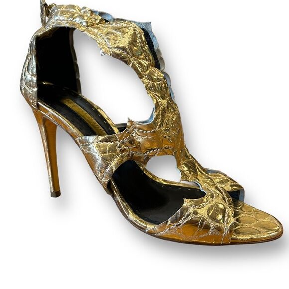 Rupert Sanderson Gold Gladiator Croc Reptile Leaf Print open Toe Heel Sandals - Picture 4 of 10